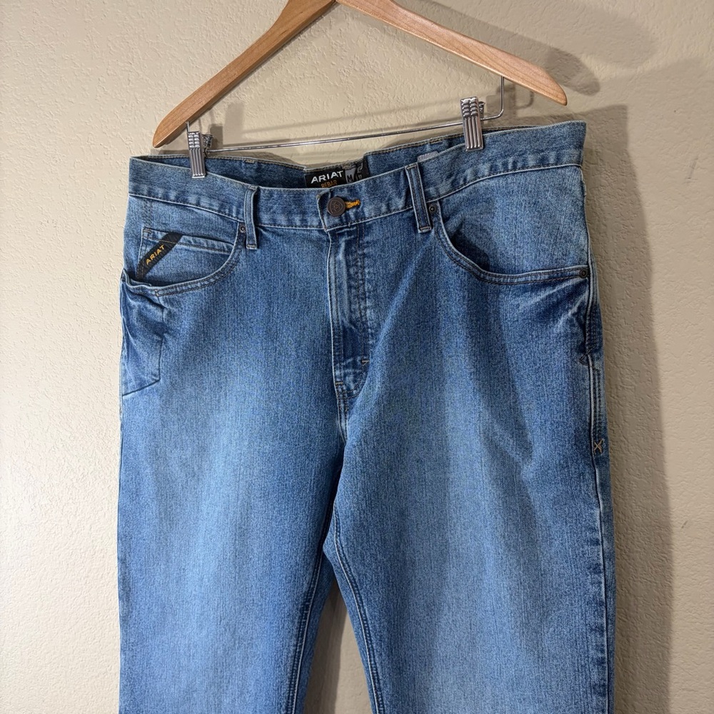 Ariat Rebar M4 Relaxed Bootcut Men's Blue Denim Jeans Cotton Logo 5-Pocket 38x34 - Picture 2 of 15